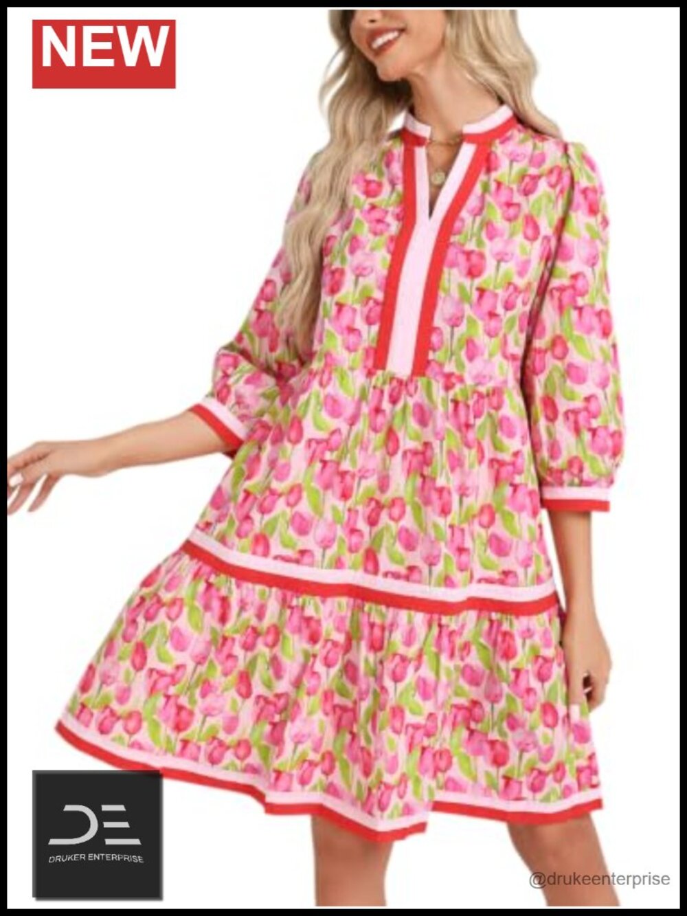 Women's Cotton Floral Babydoll Mini Dress Long Sleeve V-Neck